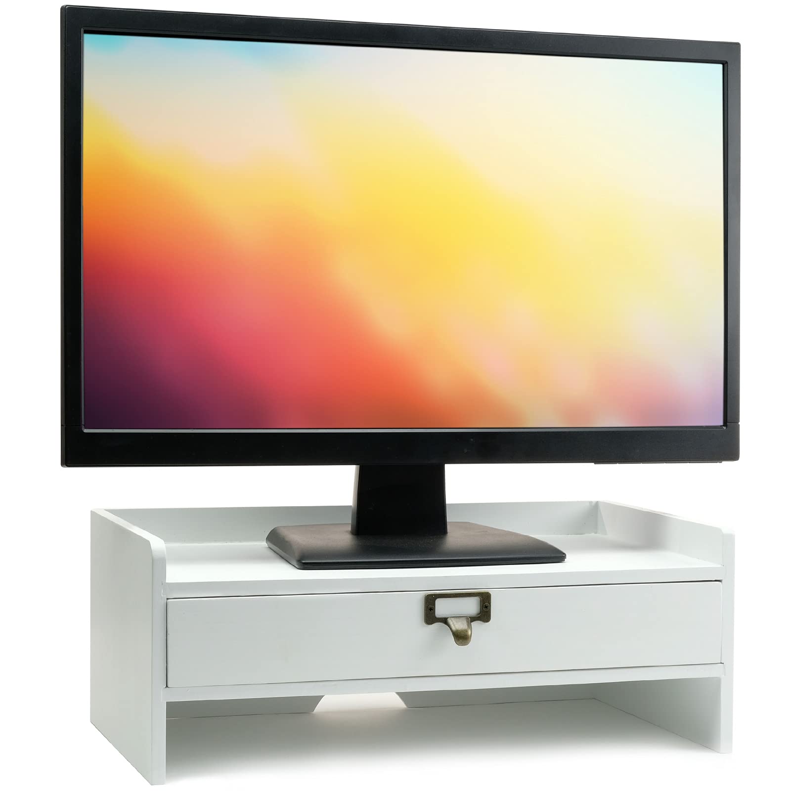 Excello Global Products Wooden Monitor Stand: Includes Drawer For Desktop Organization Of Notebooks, Pens, Pencils & Office Supp