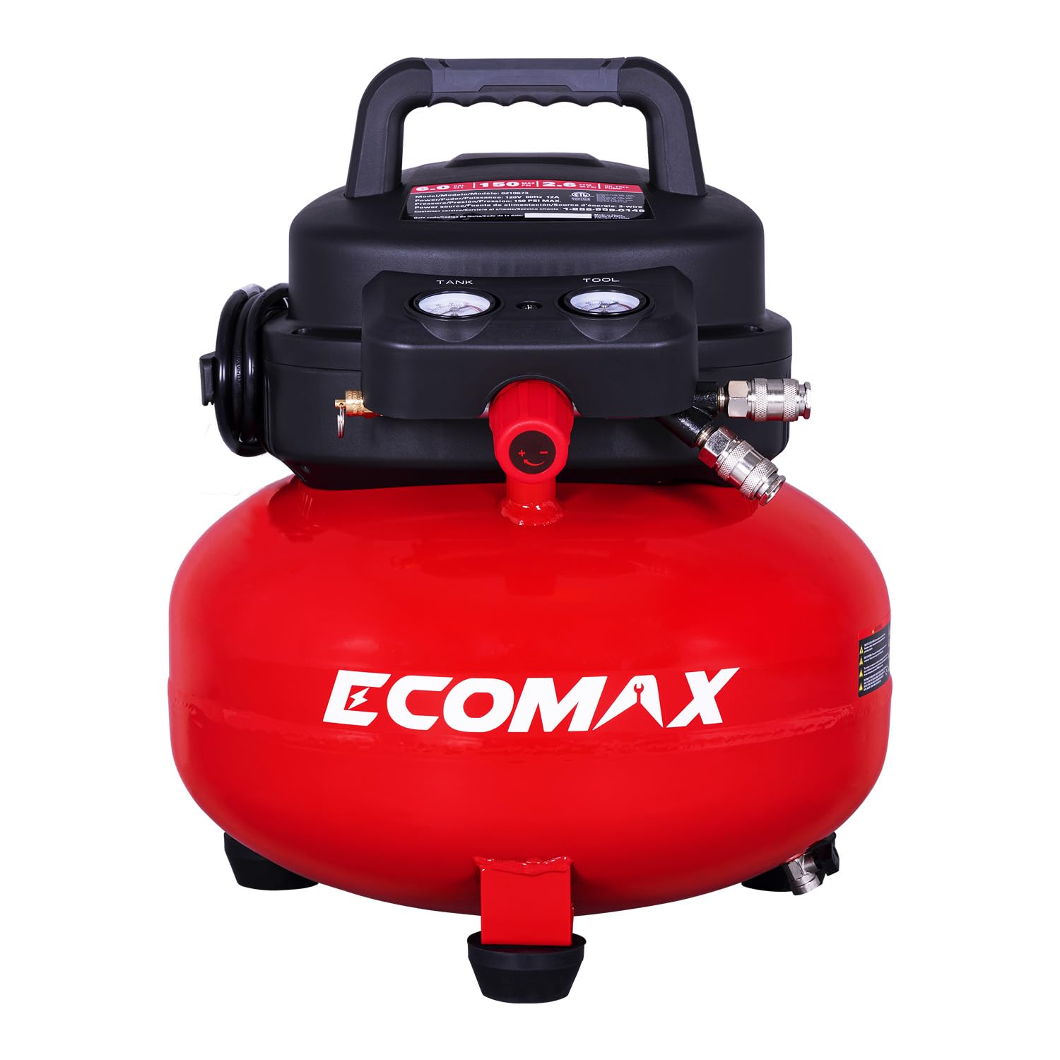 Ecomax Air Compressor, Portable Air Compressor, 6 Gallon, Pancake Air Compressor, Max 150 Psi, 2.6 Cfm @90 Psi, Oil Free Small E