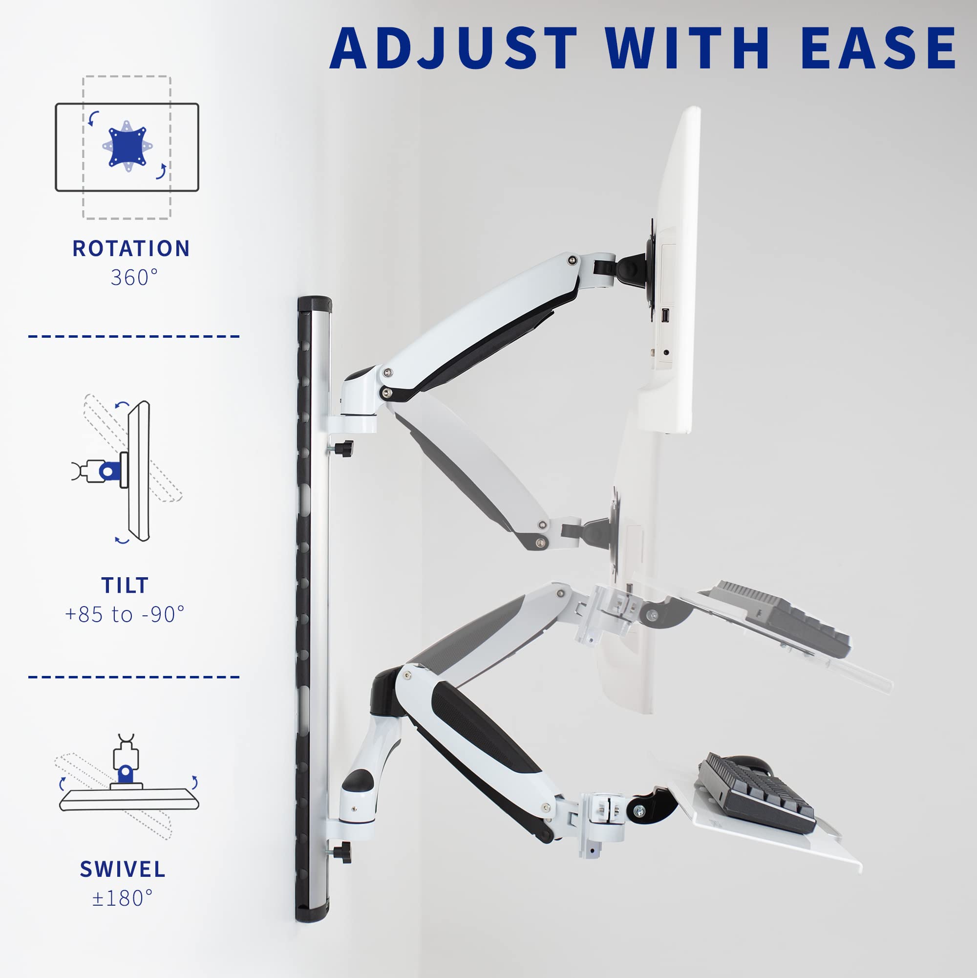 VIVO Sit Stand Wall Mount Counterbalance Height Adjustable Monitor and Keyboard Workstation for Screens up to 27 inches, White STAND SIT1KW