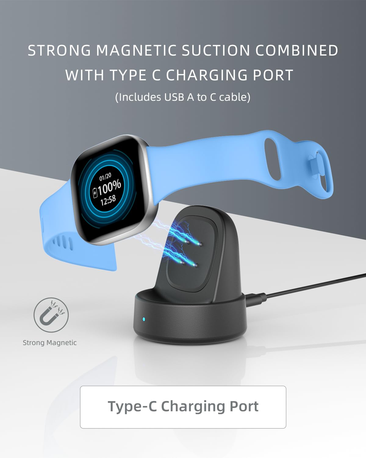 Vipcase Charger Dock For Fitbit Sense/Sense 2/Versa 3/Versa 4, Charger Replacement Upgraded Magnetic Watch Charger Stand With Ch