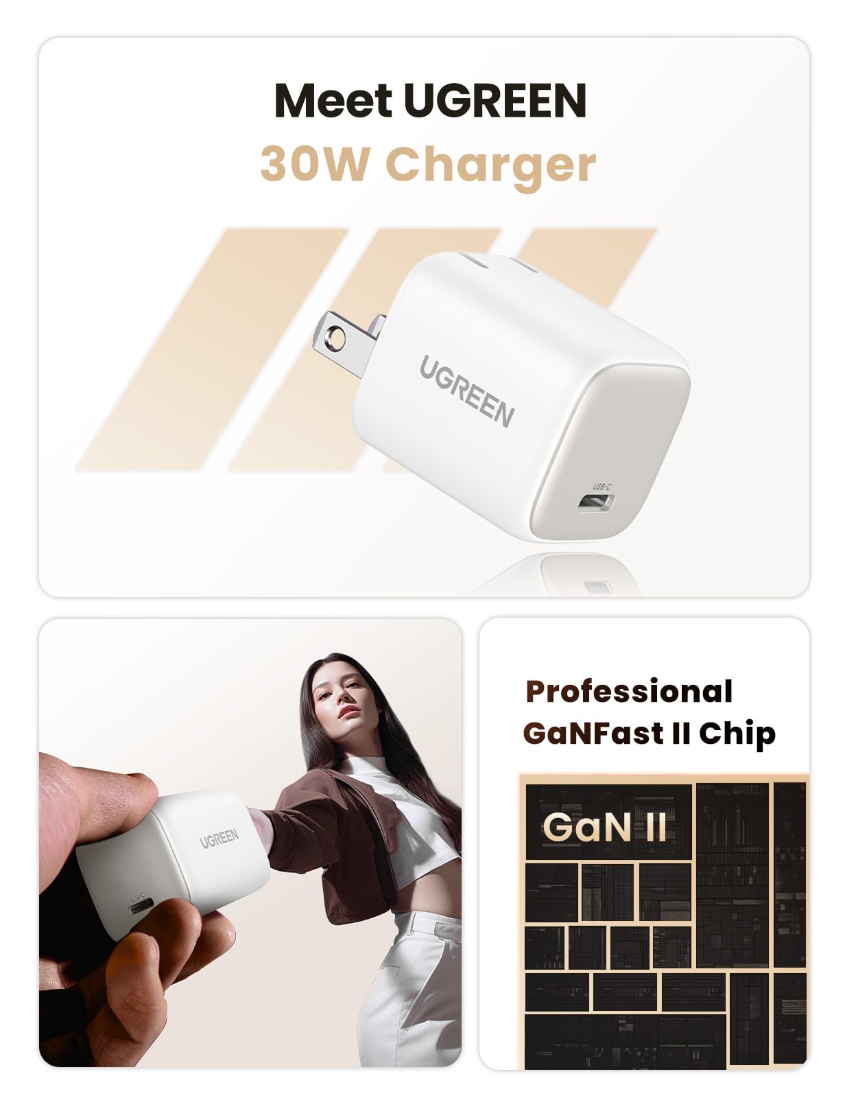 Ugreen 30W Usb C Charger, Nexode Foldable Gan Pps Compact Fast Wall Charger Block, Usb-C Power Adapter For Iphone 15 Pro Max/14/