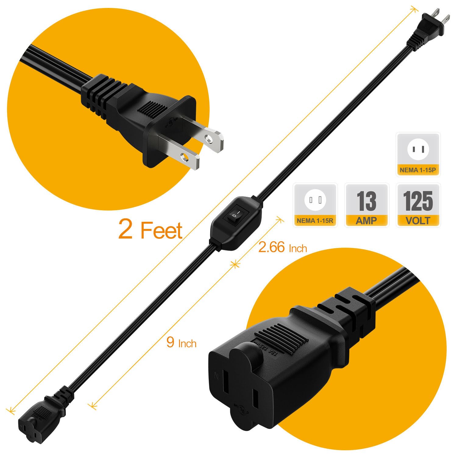 On Off Switch Extension Cord [2 Feet], 2 Prong Polarized Extension Cord With Switch 12A/125V For Your Chargers/Lamp/Power Adapte