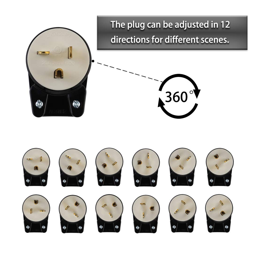 Usa 3 Prong Male Ac Plug, Right Angle Etl Nema 6 20P 3 Pole Diy Rewirable Plug, 20A 250V Usa 3Pin Ac Connector, 12 Direction Rot