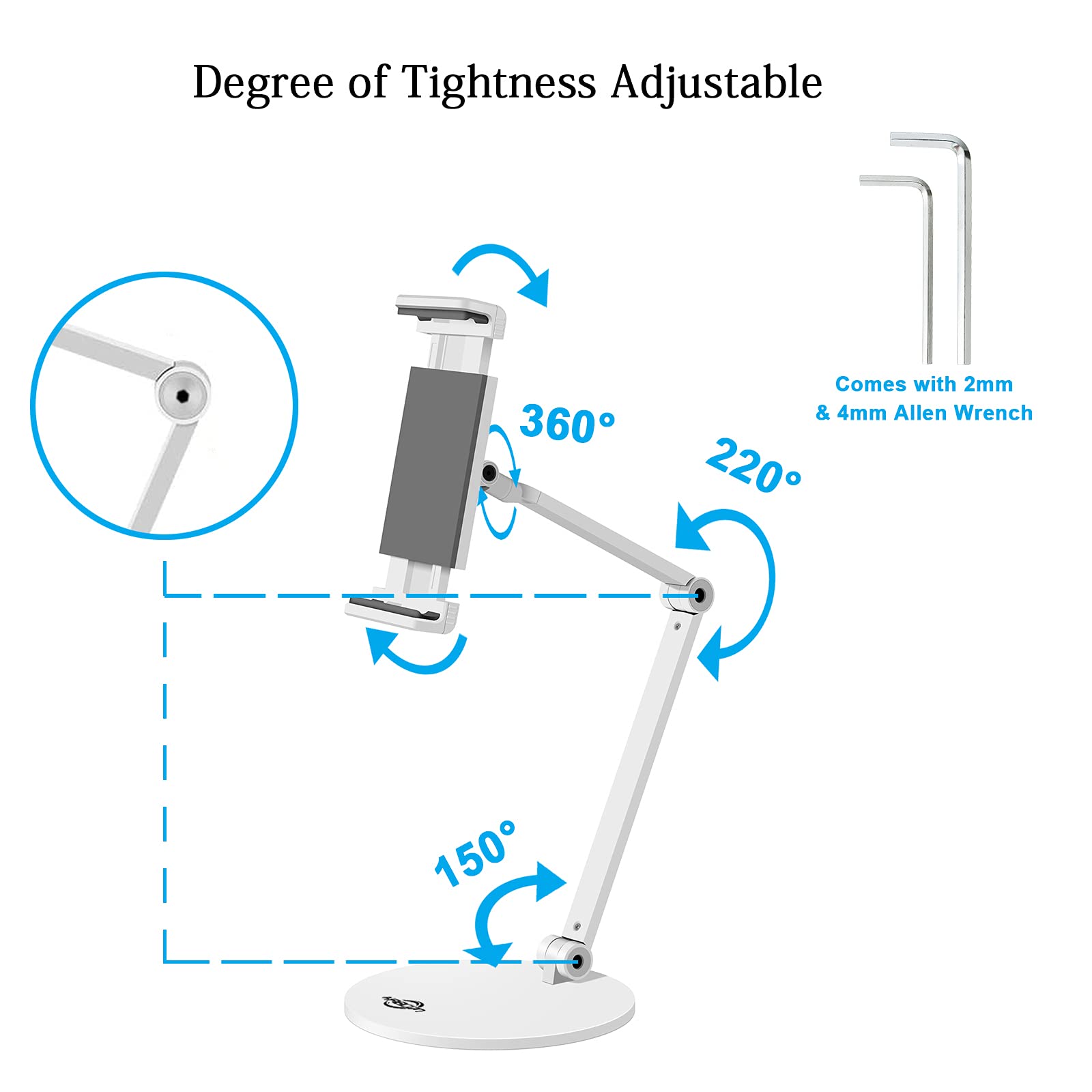 Kabcon Tablet Stand,Tightness Adjustable 360Rotatable Multi Angle Eye Level Aluminum Solid Long Arm Tablets Stands For Ipad Pro