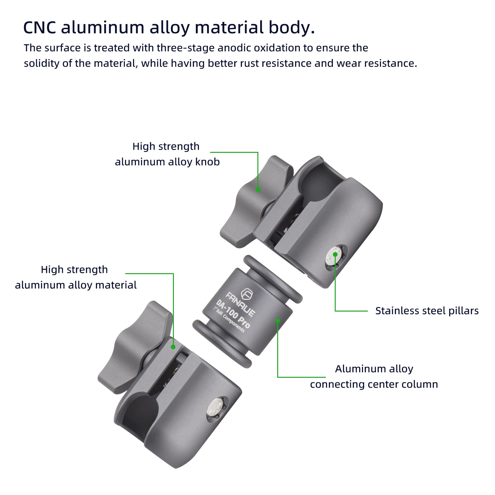 Fanaue Composite Double Socket Swivel Arm,Da 100Pro 3.7'' Length, Aluminum Construction, Compatible With Ram Mounts B Size 1'' B