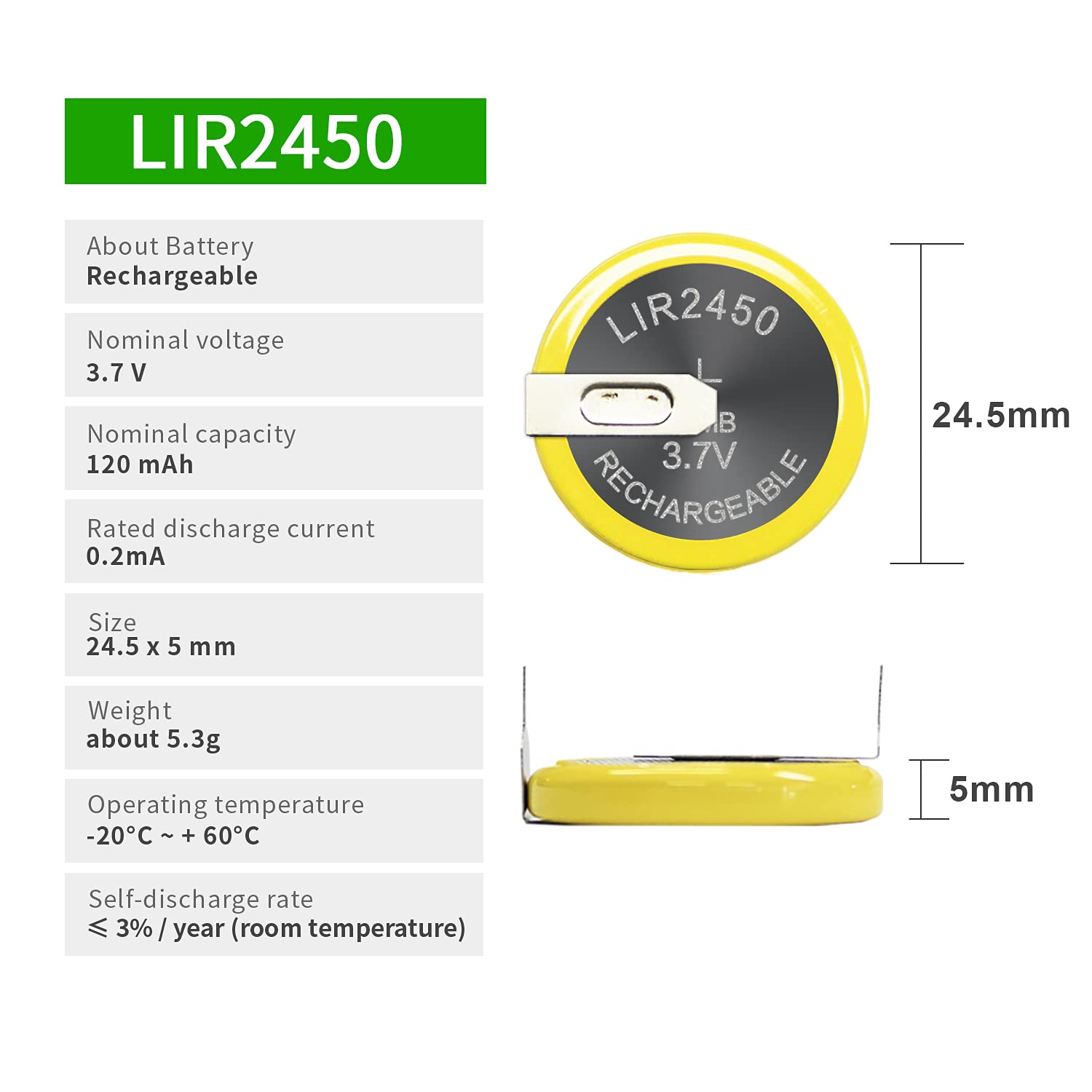 Eemb 5Pcs Lir2450 Rechargeable Battery 120Mah 3.7V Lithium-Ion Coin Button Cell Batteries With Solder Tabs