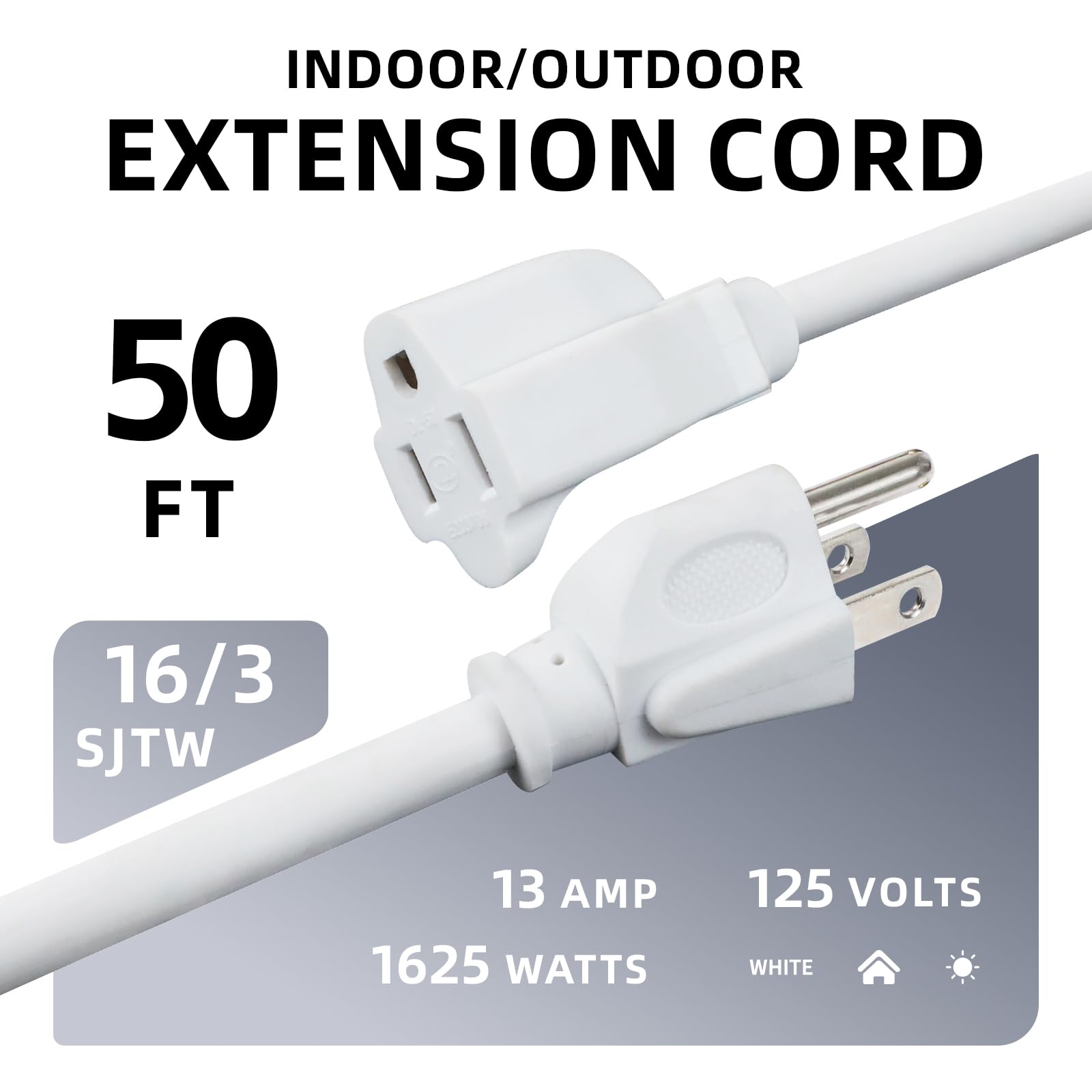 Ep 50 Ft Outdoor Extension Cord   16/3 Sjtw White Electrical Cable With 3 Prong Grounded Plug, Ul Listed