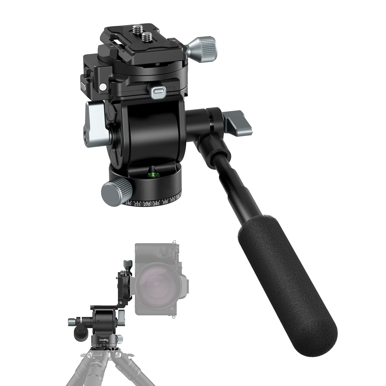 SmallRig Video Head for Vertical/Horizontal Shooting, Tripod Pan Tilt Fluid Head with Telescopic Handle and Switchable QR Plate 
