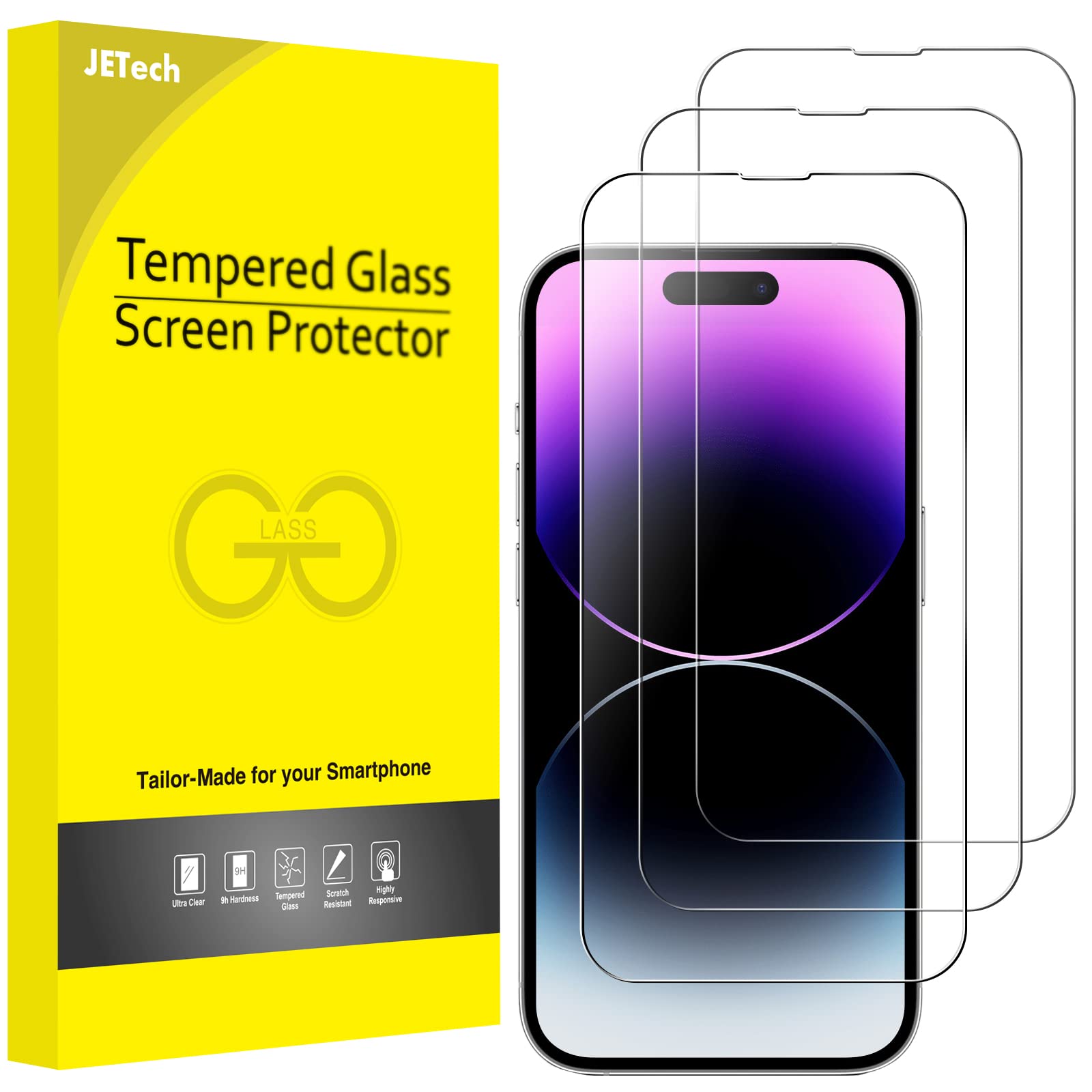 Jetech Full Coverage Screen Protector For Iphone 14 Pro 6.1 Inch, 9H Tempered Glass Film Case Friendly, Hd Clear, 3 Pack