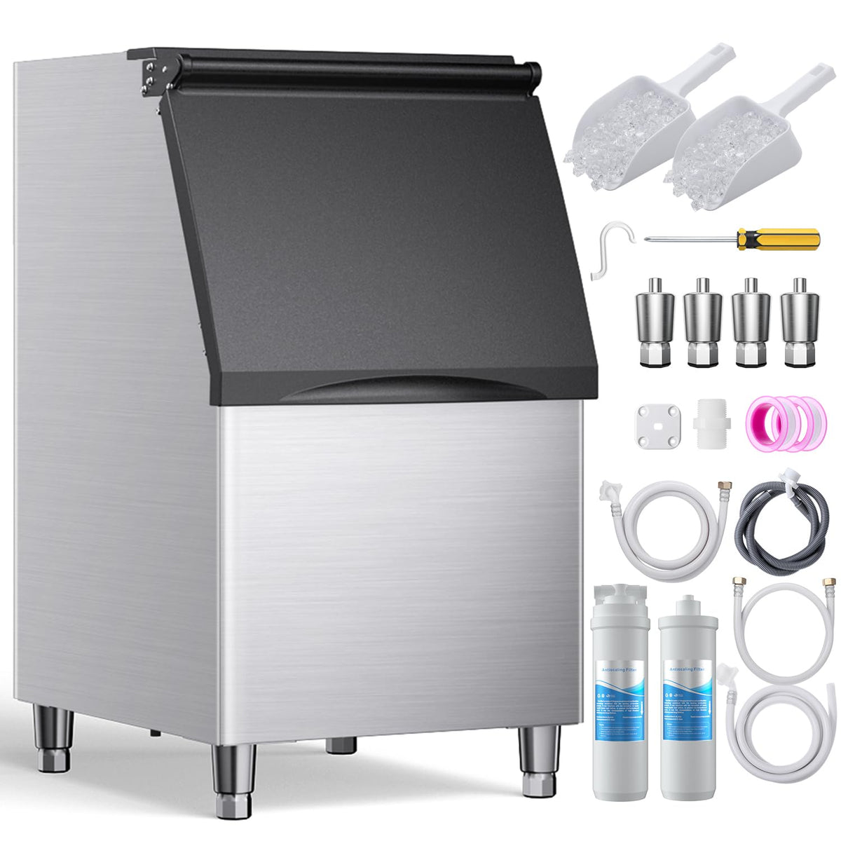 Coolake 360 Lb. Commercial Ice Machine Storage Bin, 26'' Stainless Steel Space Saving Footprint Ice Bin With Convenient Lift-Up 