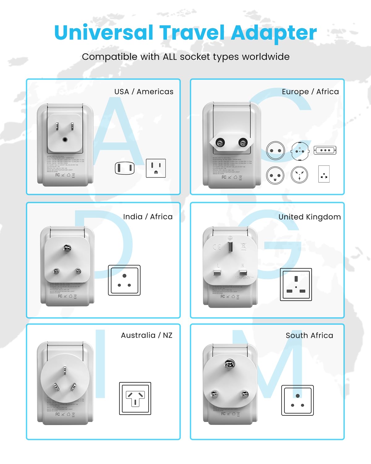 Universal Travel Adapter Kit, Vintar Pd 35W International Power Adapter With 3 Usb Ports (2 Usb C) & 4 Ac Outlets, Type A,C,G,D,