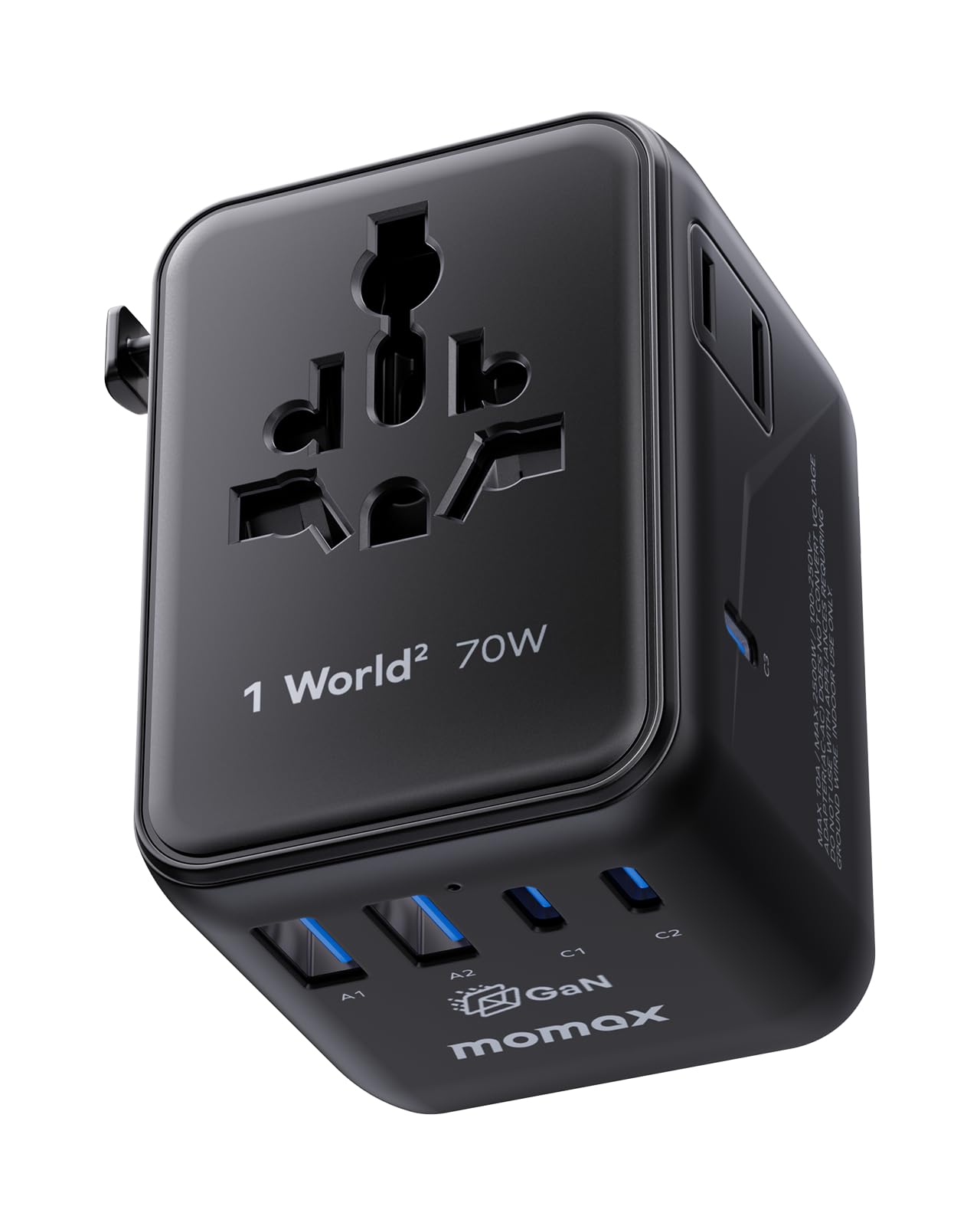 MOMAX Mini 7-in-1 Universal Travel Adapter, GaN 70W Dual AC, 3 USB-C PD & 2 USB-A QC, International Power Charger for 200+ Count