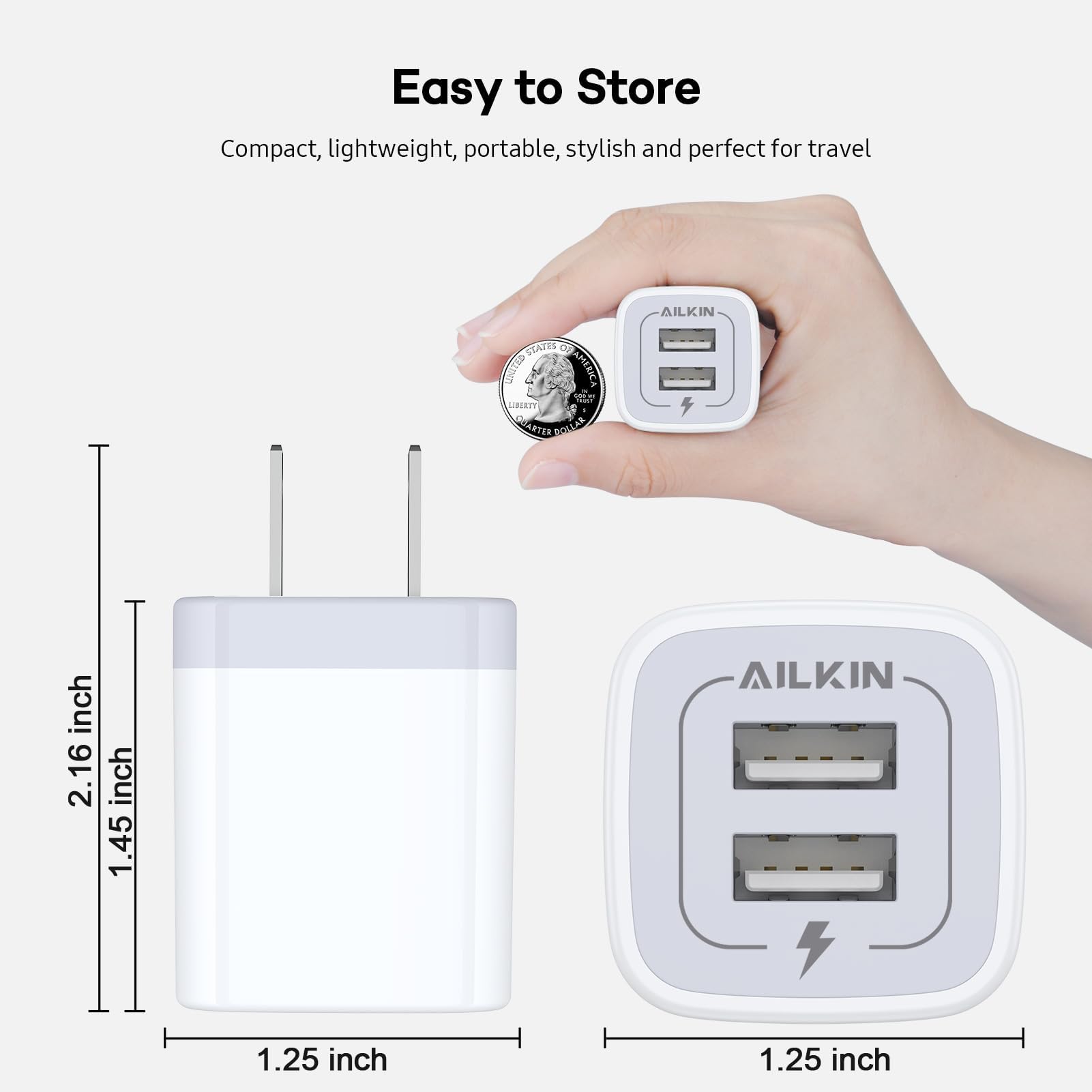 Usb Wall Charger, Charger Adapter, Ailkin 2-Pack 2.1A Dual Port Quick Charger Plug Cube For Iphone 15 14 13 12 11 Pro Max 10 Se