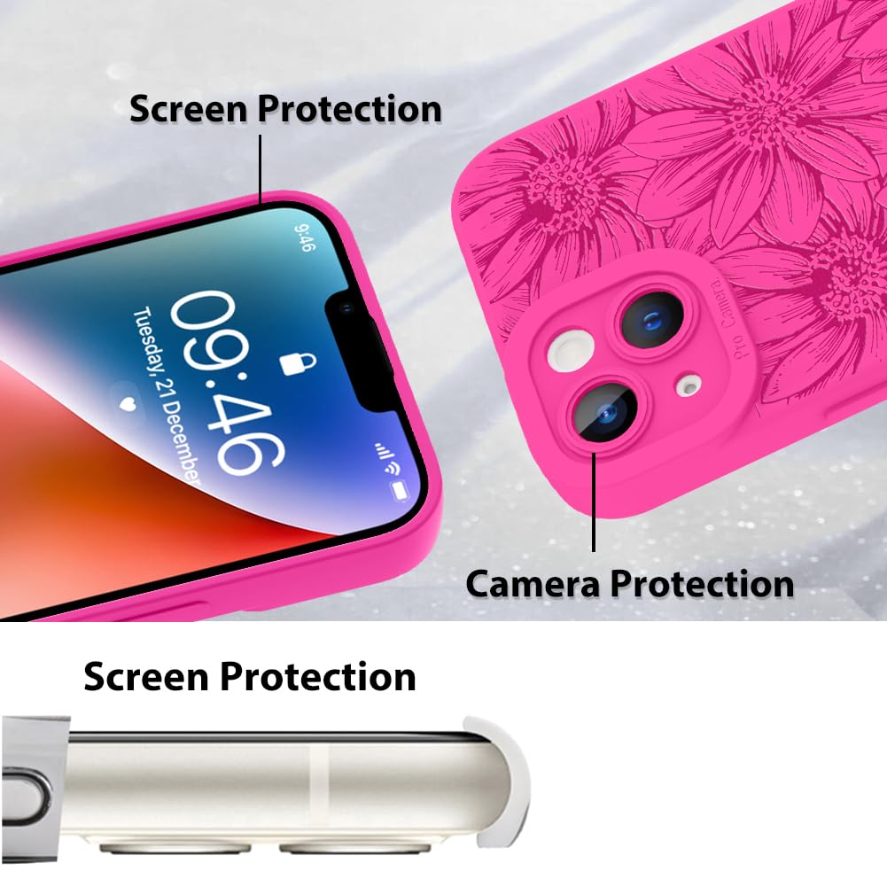 Mzelq For Iphone 14 Case, Silicone Floral Flowers Sunflowers Cute Pattern, Camera Protection Soft Slim Phone Case For Iphone 14