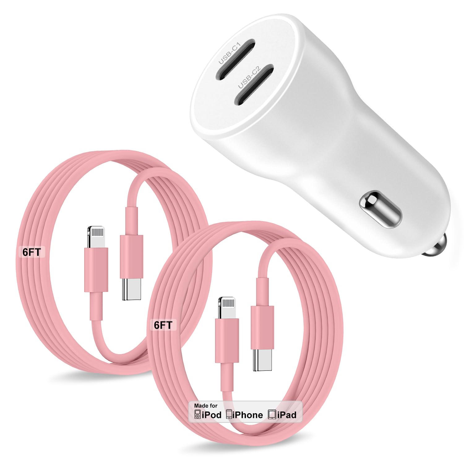 Iphone 14 13 Car Charger, Certified 45W Dual Port Usb C Rapid Apple Car Adapter With 6Ft Type C To Lightning Cable Fast Charging