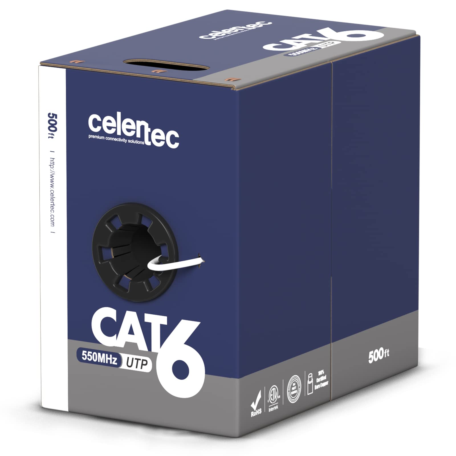 Celertec Cat6 Ethernet Cable, 500Ft, 23Awg Solid Bare Copper, Unshielded Twisted Pairs(Utp), 550Mhz, Etl Listed &Cmr Riser Rated, Indoor, Bulk Ethernet Cable  White