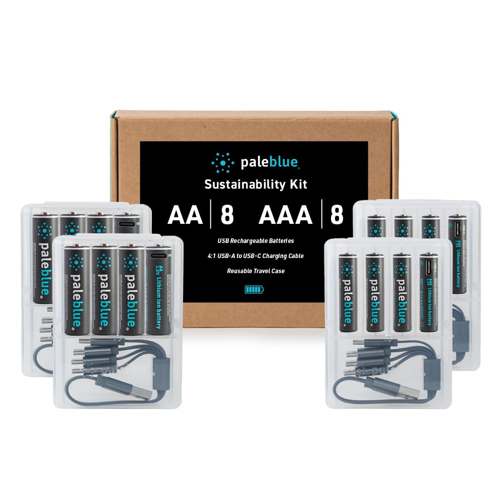 USB Rechargeable Smart Batteries by Pale Blue, Lithium Ion, Under 90 Minute Charge Time, Over 1000 Cycles, 4-in-1 USB to USB-C C