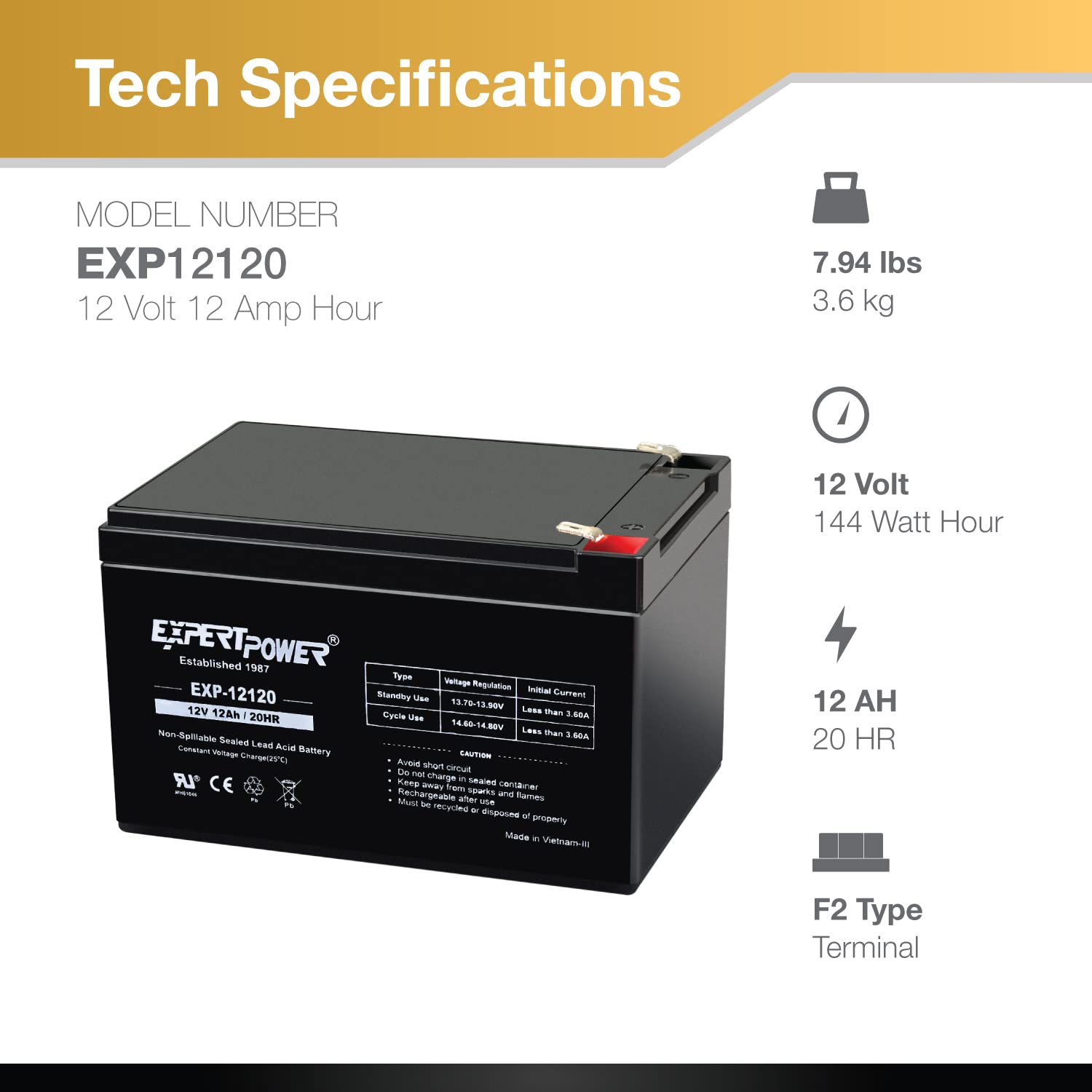 Expertpower 12 Volt 12 Ah Rechargeable Battery With F2 Terminals || Exp12120