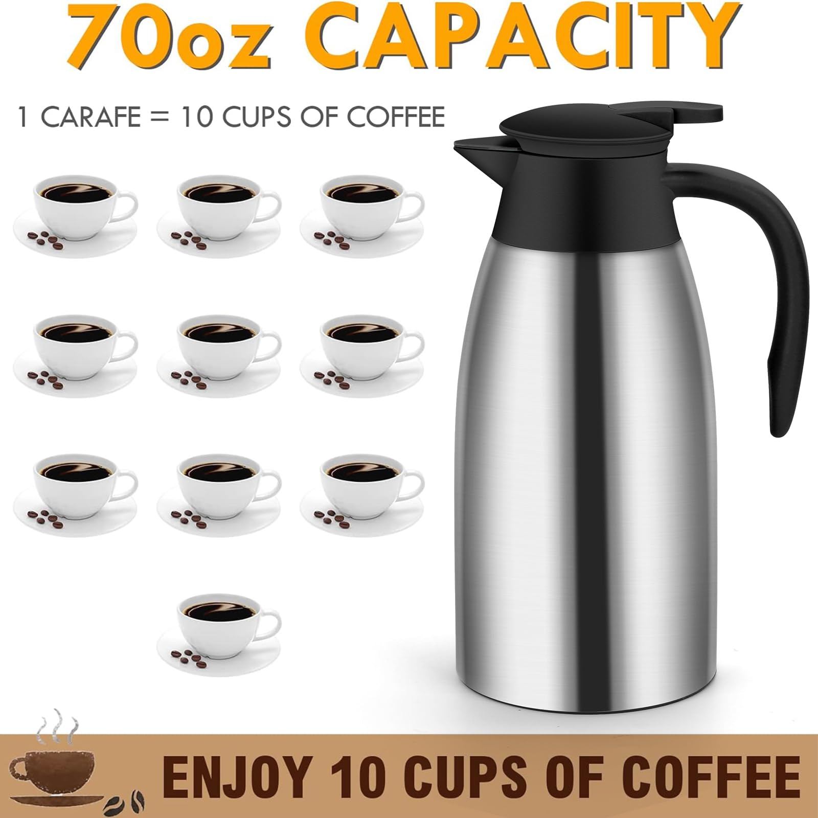 70Oz Thermal Coffee Carafe Insulated Coffee Thermos,Stainless Steel Thermos Pitcher,Double Walled Vacuum Insulation Coffee Caraf
