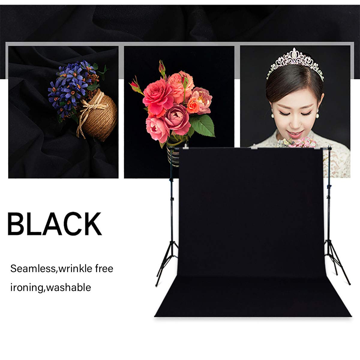 Hmtfoto Background Solid Black Backdrop Muslin Portrait Background Screen For Photo Backdrop Video Photography Studio(8X10Ft, Bl