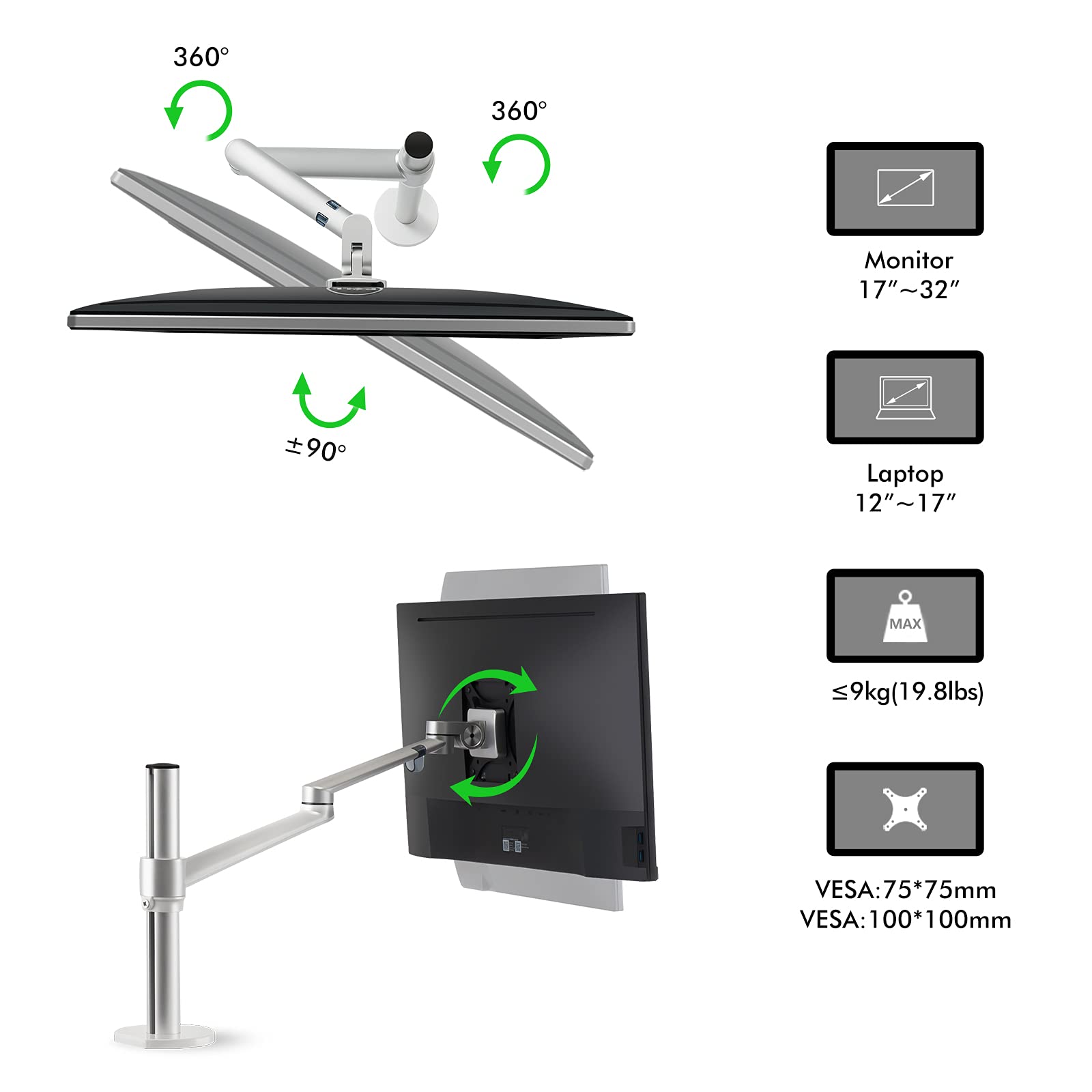 Viozon Laptop/Notebook/Projector Mount Stand,Height Adjustable Single Arm Mount Support 12 17 inch Laptop/Notebook/Tablet, Free Removable VESA 75X75 and 100X100 for Monitor 17 32 inch (Silver)