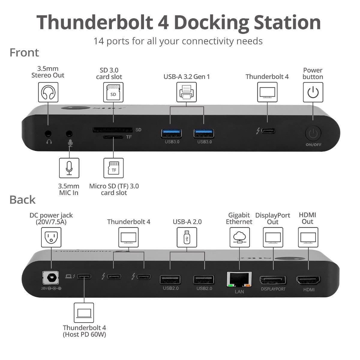 Siig Thunderbolt 4 Docking Station - Quad 4K / Single 8K, 60W Pd, 3X Tb4 40Gbps (Usb-C), 2X Usb-A 5G, Gigabit Ethernet, Support