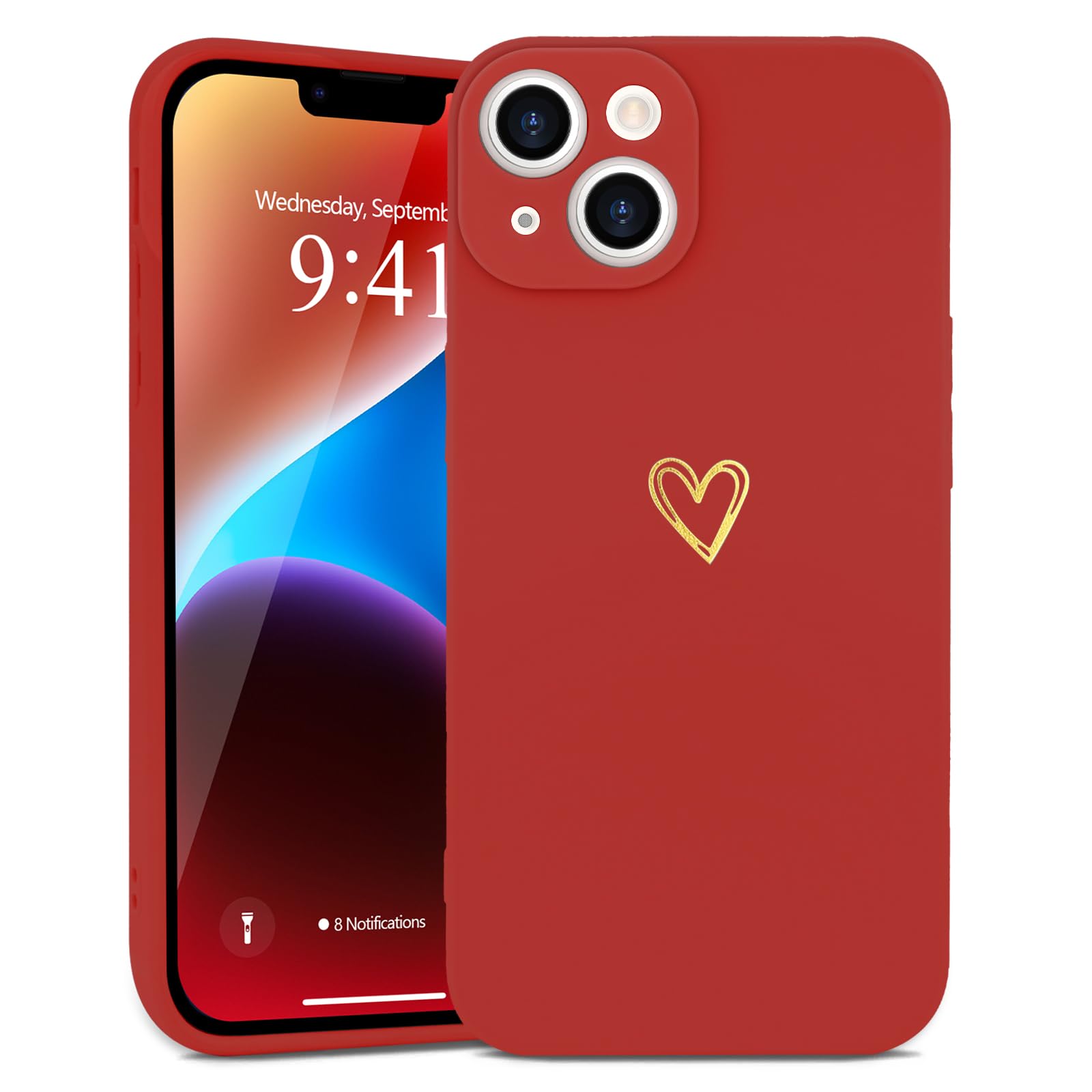 Wirvyuer For Iphone 14 Case Cute Heart Pattern Soft Shockproof Slim Protective Silicone Phone Case Cover For Women Girls, Bright