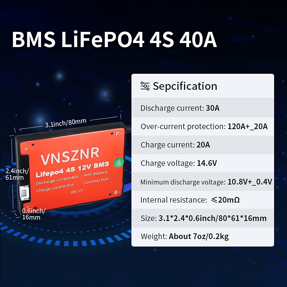Vnsznr Lifepo4 Bms 4S 12V 40A Lithium Iron Phosphate Battery Management System Pcb Protection Board With Balance Leads Wires For