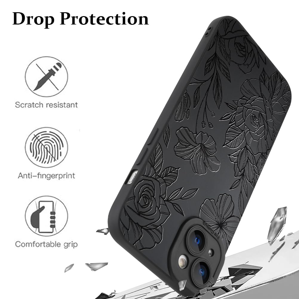 Lsl Case For Iphone 15 Plus Black Floral Flower Pattern Print Case Soft Tpu Full Camera Lens Anti Drop Anti Scratch Shockproof P