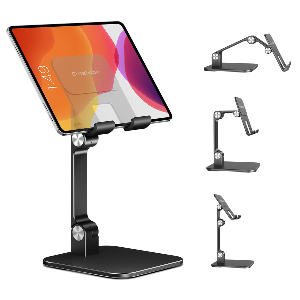 Elitehood Aluminum Ipad Stand For Desk [Ultra Stable & Sturdy], Height Adjustable Tablet Stand, Portable Tablet Holder Dock For Home Office, Compatible With Ipad Pro 12.9, Ipad Air Mini 6 5 4 3, Black