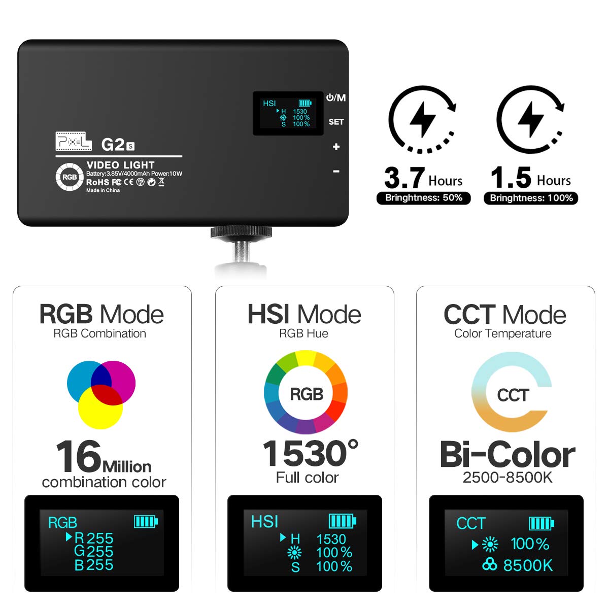 Pixel Rgb Camera Light, Video Light With Built In 4000Mah Rechargeable Battery 2500K 8500K/10 Simulation Light Effect/Tlci 97+/