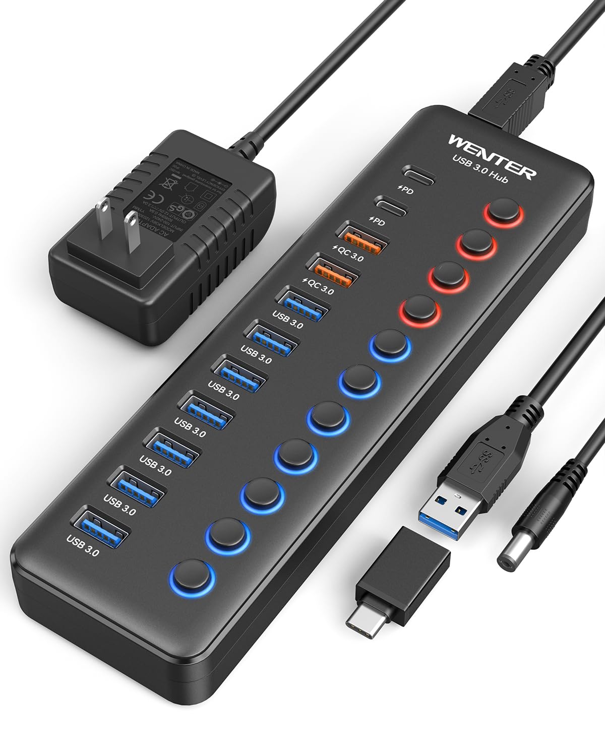 Powered Usb 3.0 Hub, Wenter 48W 11 Port Usb Hub Splitter (7 Faster Data Transfer Ports+ 4Pcs Qc Charging Ports) With Individual Led On/Off Switches, Usb Hub 3.0 Powered With Power Adapter