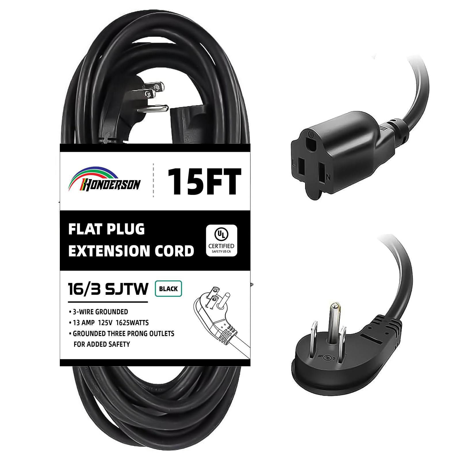 Honderson Flat Plug Indoor Extension Cord, Ul Listed, 16 Gauge 15Ft Black 3 Prong Heavy Duty Extension Cord, 16/3 Sjtw 13A Power