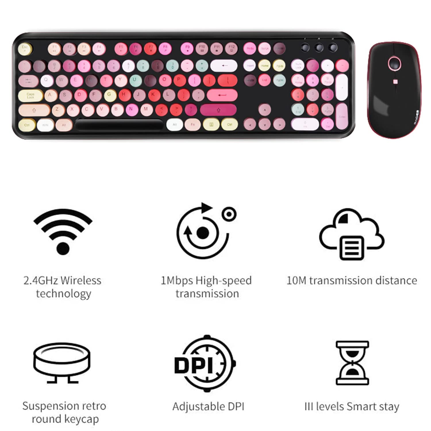 Fopett Keyboard And Mouse Sets, Wireless, Reliable 2.4 Ghz Connectivity For Pc,Laptop,Smart Tv And More (Black Colorful)