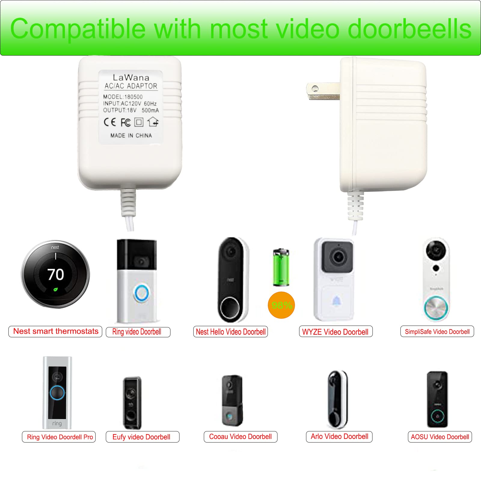 26Ft Charging Cable & 18V 500Ma Doorbell Power For Video Doorbells   Compatible With Ring Video Doorbell Pro, Ring Video Doorbel