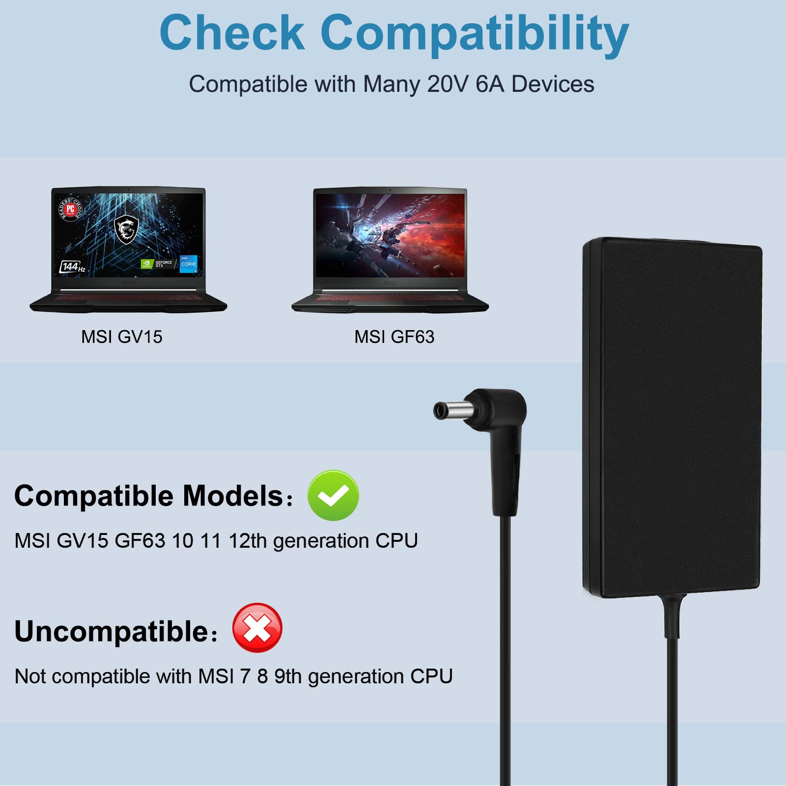 120W Charger For Msi Laptop Charger Msi Gf63 Gv15 Gv15 Thin 11Sc Gf63 Thin 10 11 12Th Intel Core Laptop Ms 16R5 Ms 16R6 Ms 16R7 Adp 120Vh D A17 120P2A