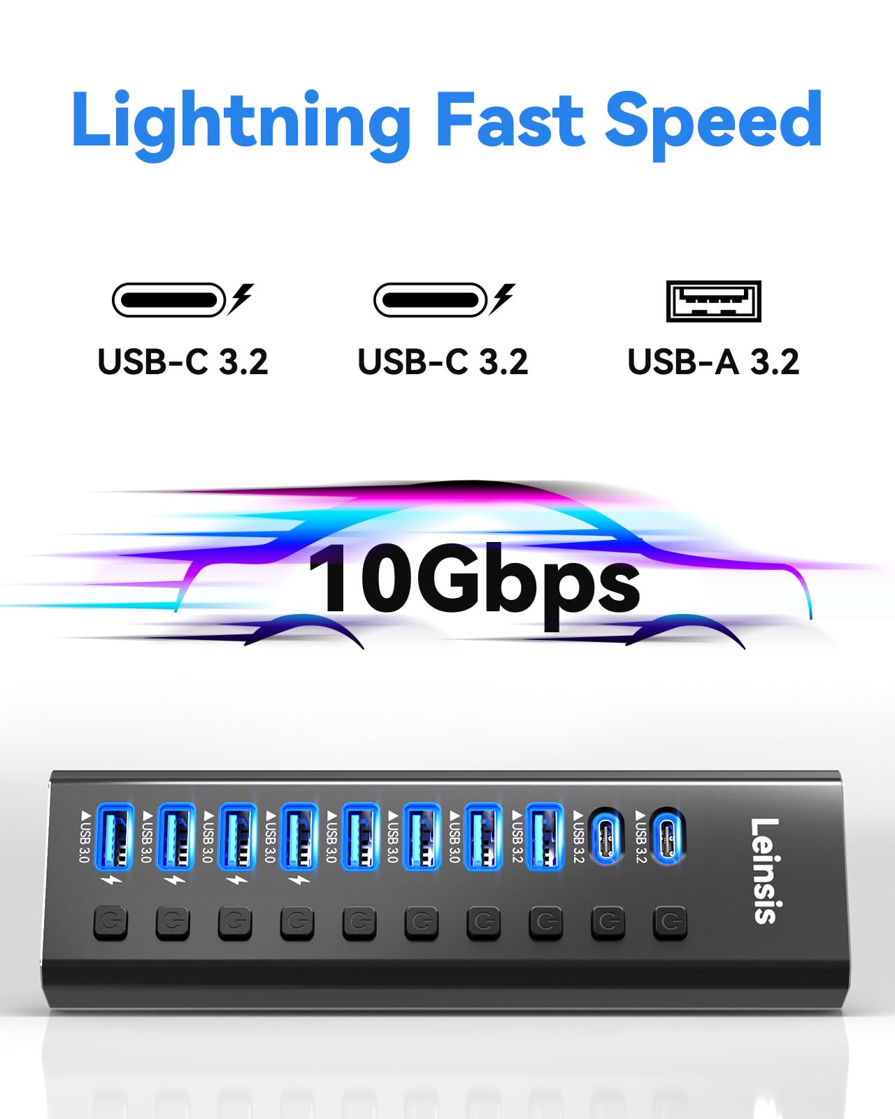 Powered Usb Hub 3.2, Leinsis 10 Port Usb 3.2/Usb C Hub (10Gbps Usb A 3.2 +2 Usb C 3.2 +7 Usb 3.0 Ports) With Individual On/Off S