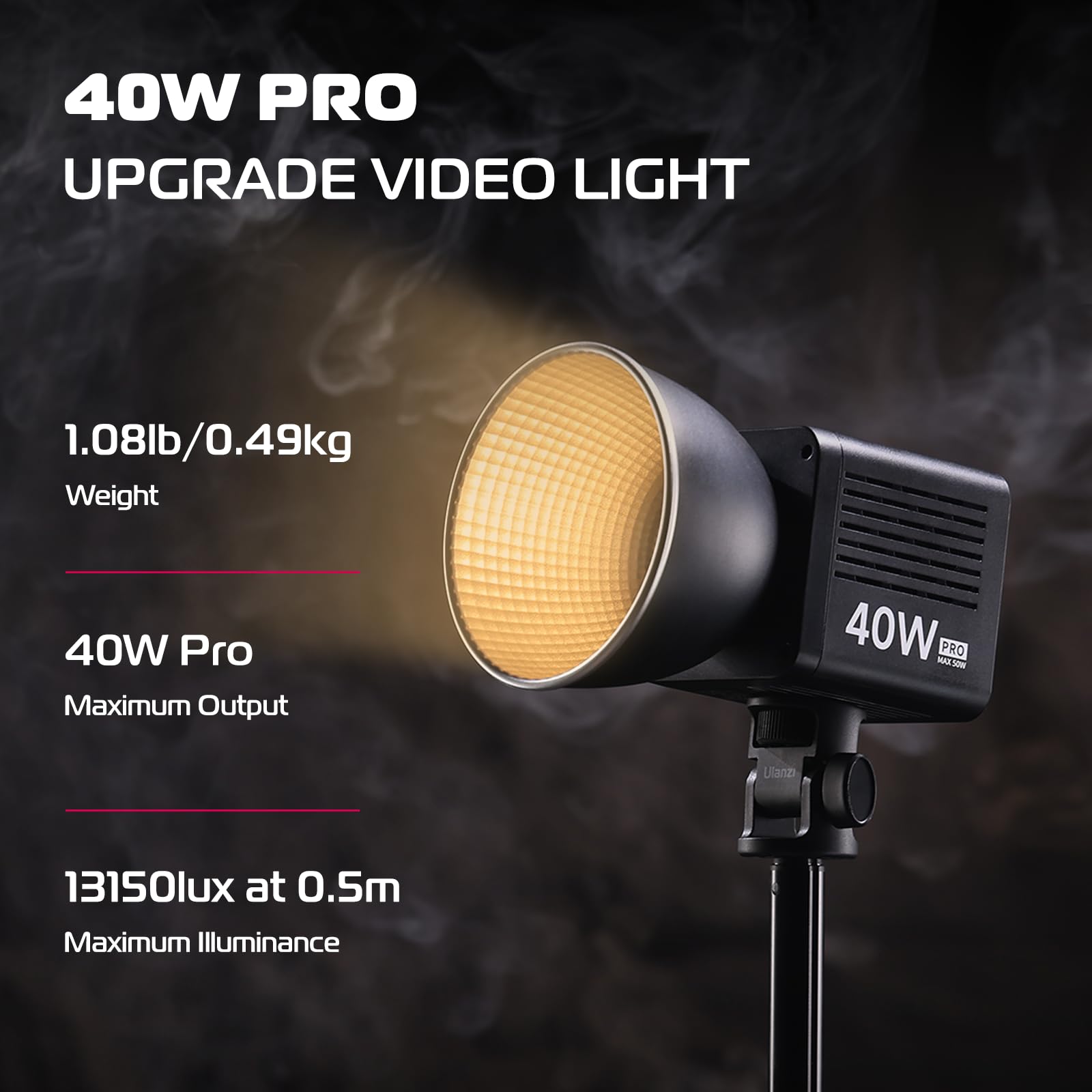 Ulanzi 40W Pro Portable Led Video Light With Dc Power Adapter, 3400Mah Build In Battery Metal Mini Dual Color Temperature Cob Co