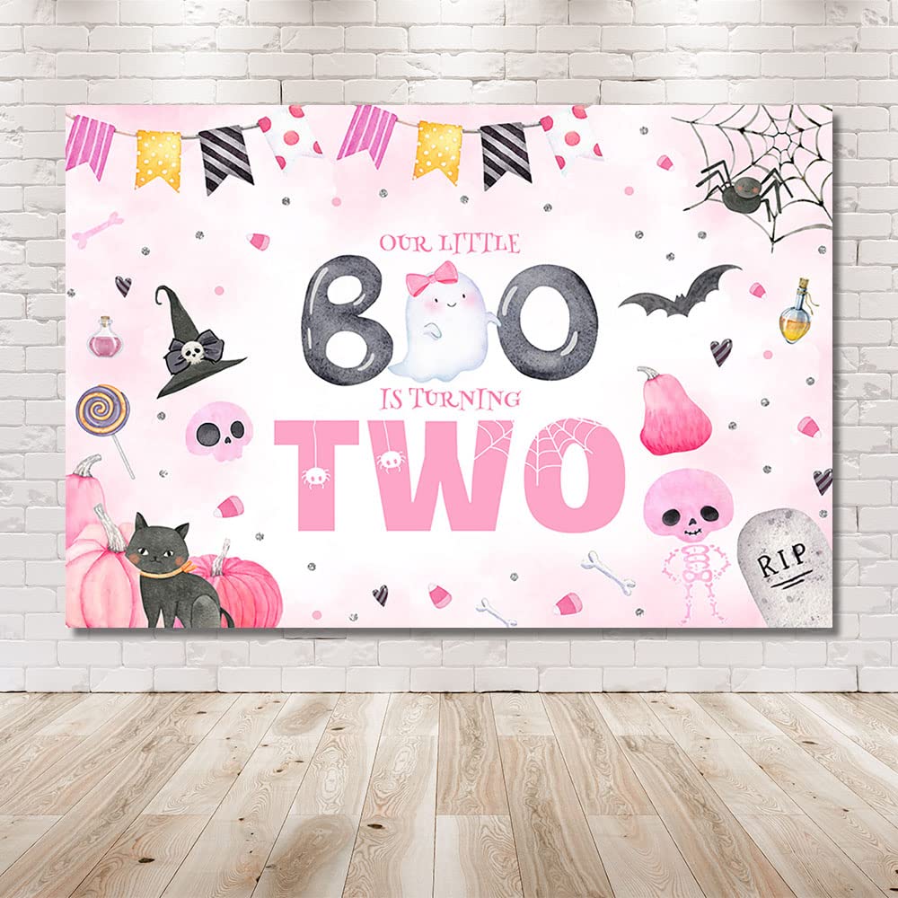 Mehofond 7X5Ft Halloween Pastel Little Boo Party Backdrop For Girl Pink Pumpkin Ghost Bat Background 2Nd Birthday Decorations Ou