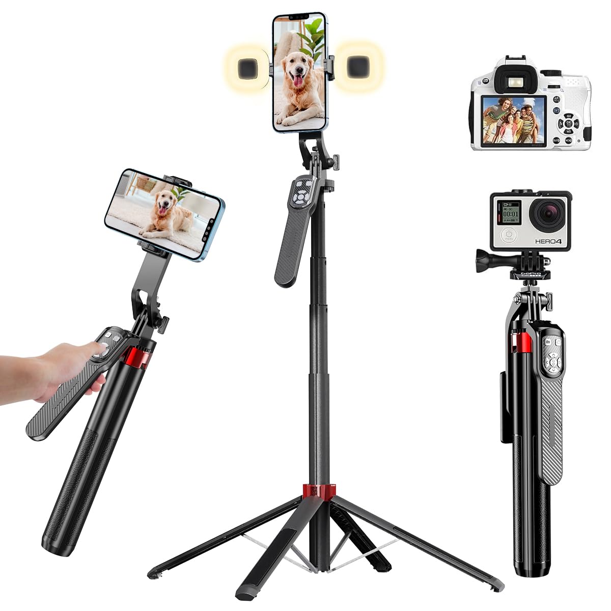 Extendable Phone Tripod, 71'' Selfie Stick Phone Vlog Tripod Stand Quadrapod With All In 1 Phone Clip, Travel Tripod Phone Holde