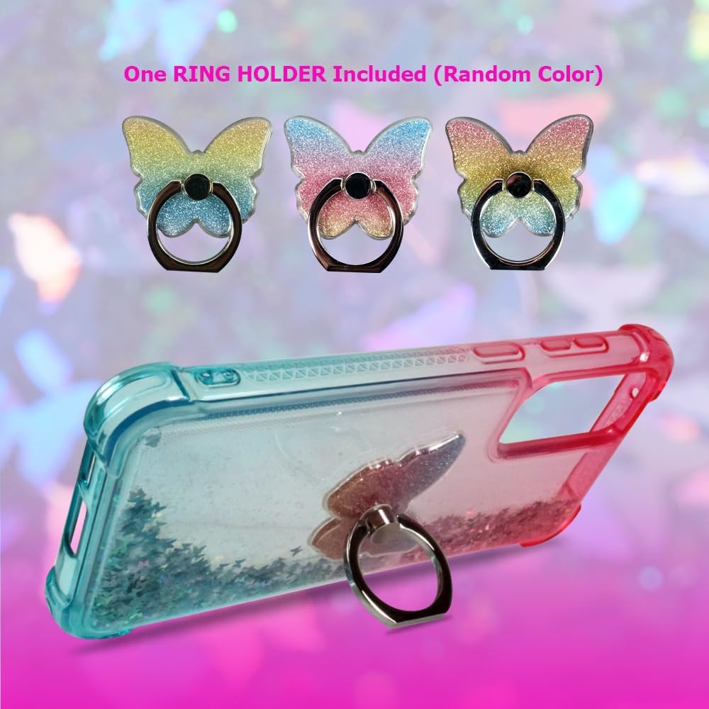 Zase Samsung A14 5G Clear Phone Case Liquid Glitter Sparkly Cute Floating 3D Butterflies Bling Design For Galaxy A14 Shockproof