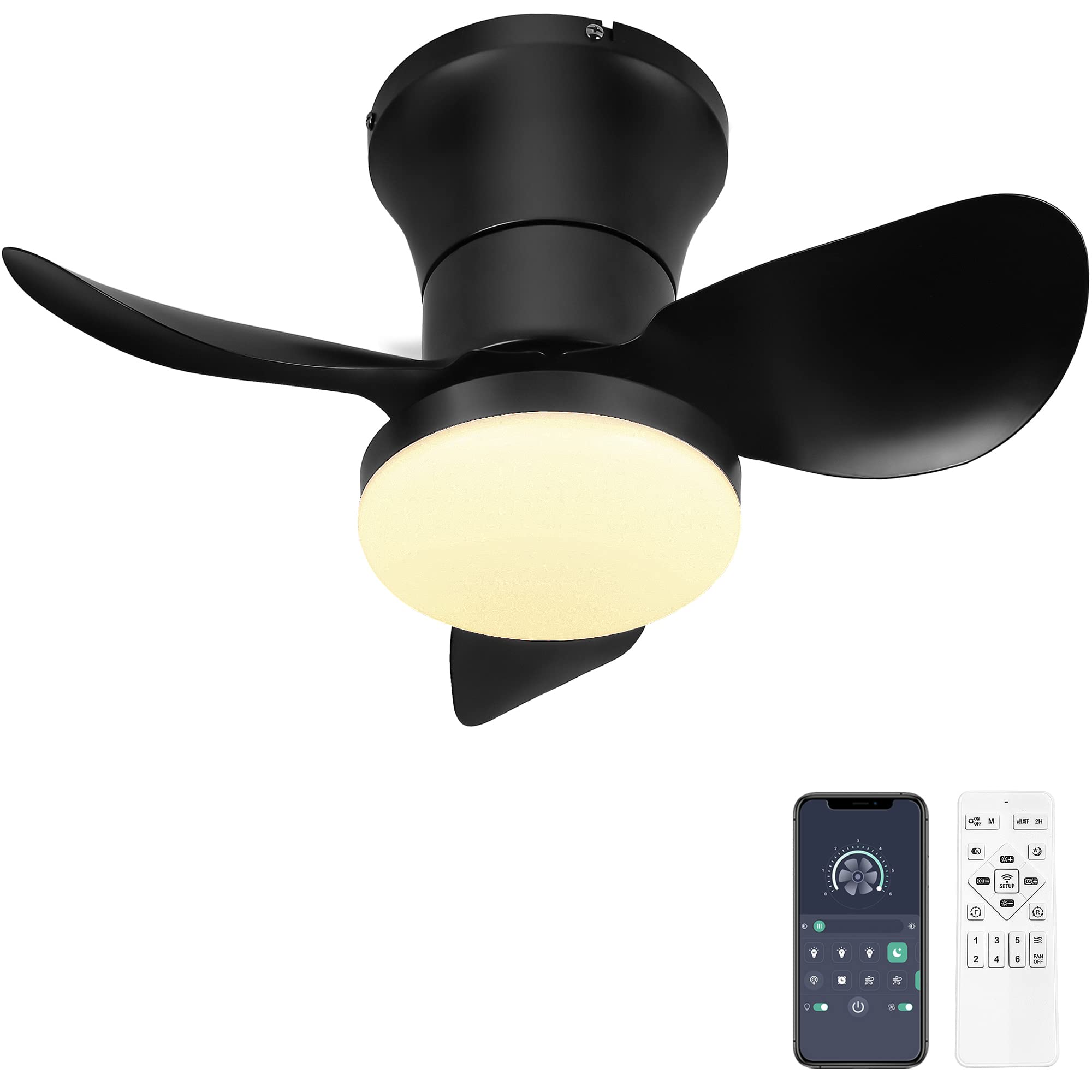 Ohniyou Ceiling Fan with Lights and Remote - 21 Small Flush Mount Ceiling Fan APP Control - Dimmable Quiet DC Ceiling Fan Ligh