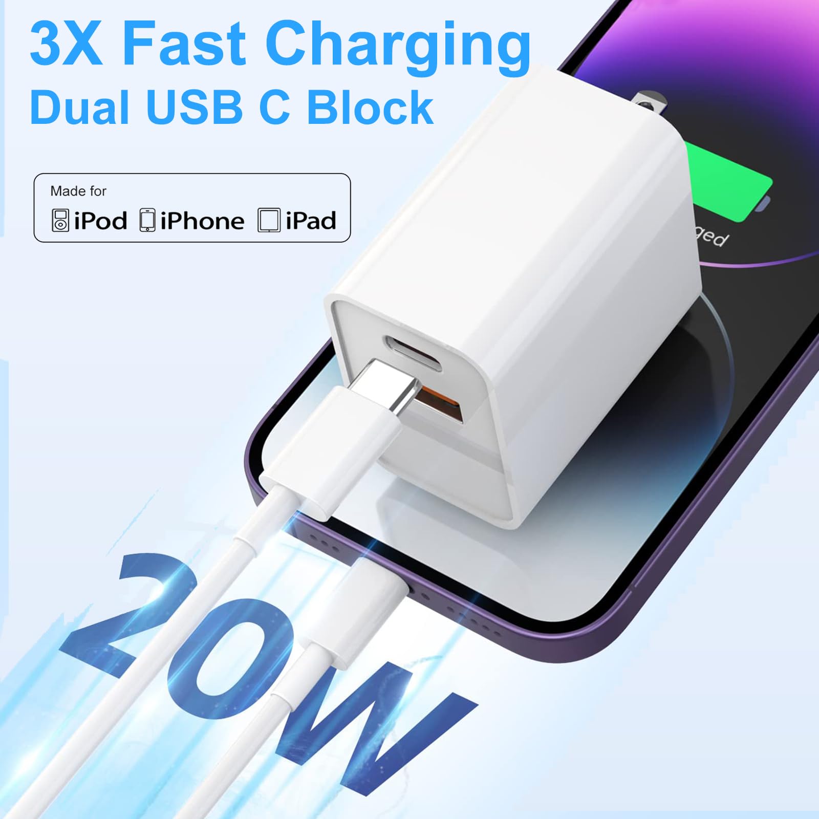 Iphone Fast Charger,[Mfi Certified]2Packs 20W Dual Port Pd/Qc3.0 Usb C Wall Charger With 6Ft Usb C To Lightning Cable Data Sync Cord For Apple Iphone 14 13 12 11 Pro Max X Xr Xs Max 8Plus, Airpods Pro