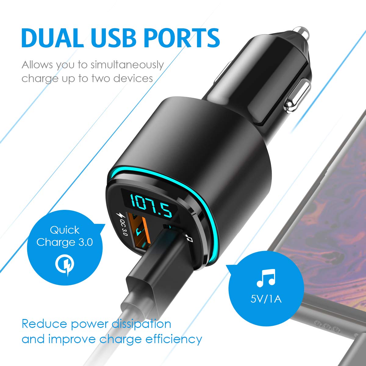 Upgraded Criacr V5.0 Bluetooth Fm Transmitter For Car, Qc3.0 Charge & 7 Rgb Color Led Backlit Wireless Fm Radio Car Adapter, Sup