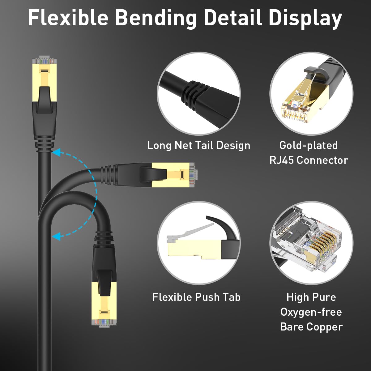 Phizli Cat8 Ethernet Cable 30ft, High Speed SFTP LAN Cord, Black, Gold Plated RJ45 Connector, Compatible with Modem, Router, Xbox