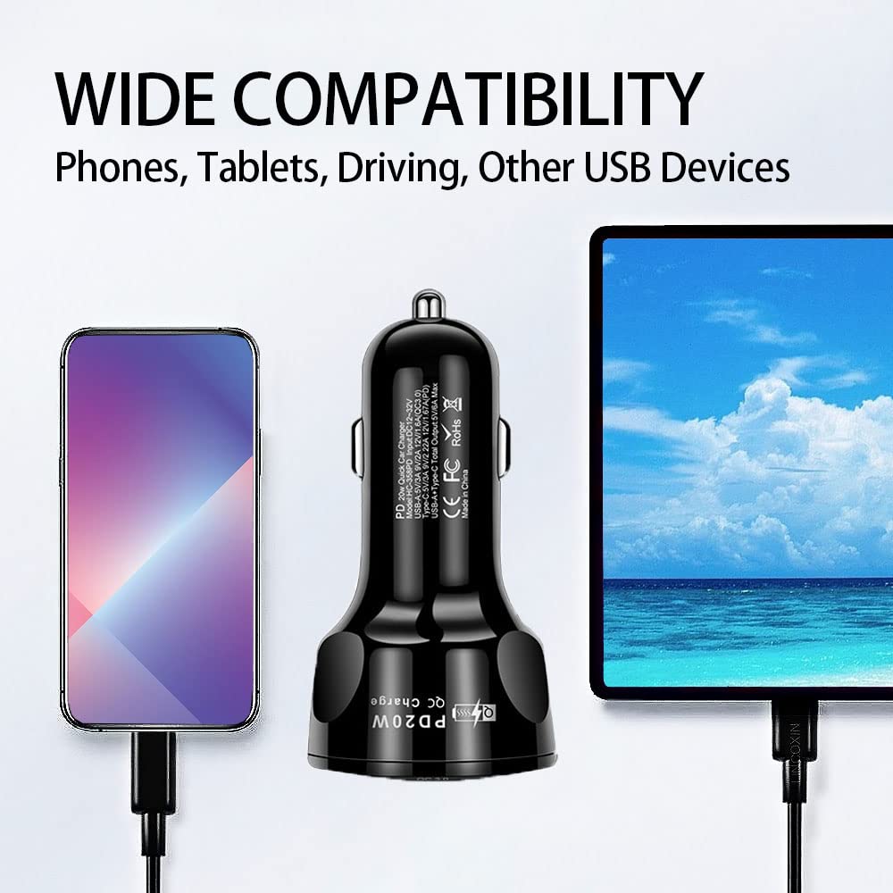 Car Charger Adapter,4 Ports Usb Fast Car Charger Qc3.0/Pd20W/Type C/2.1A, Smart Shunt Car Phone Charger Compatible Iphone 14 13