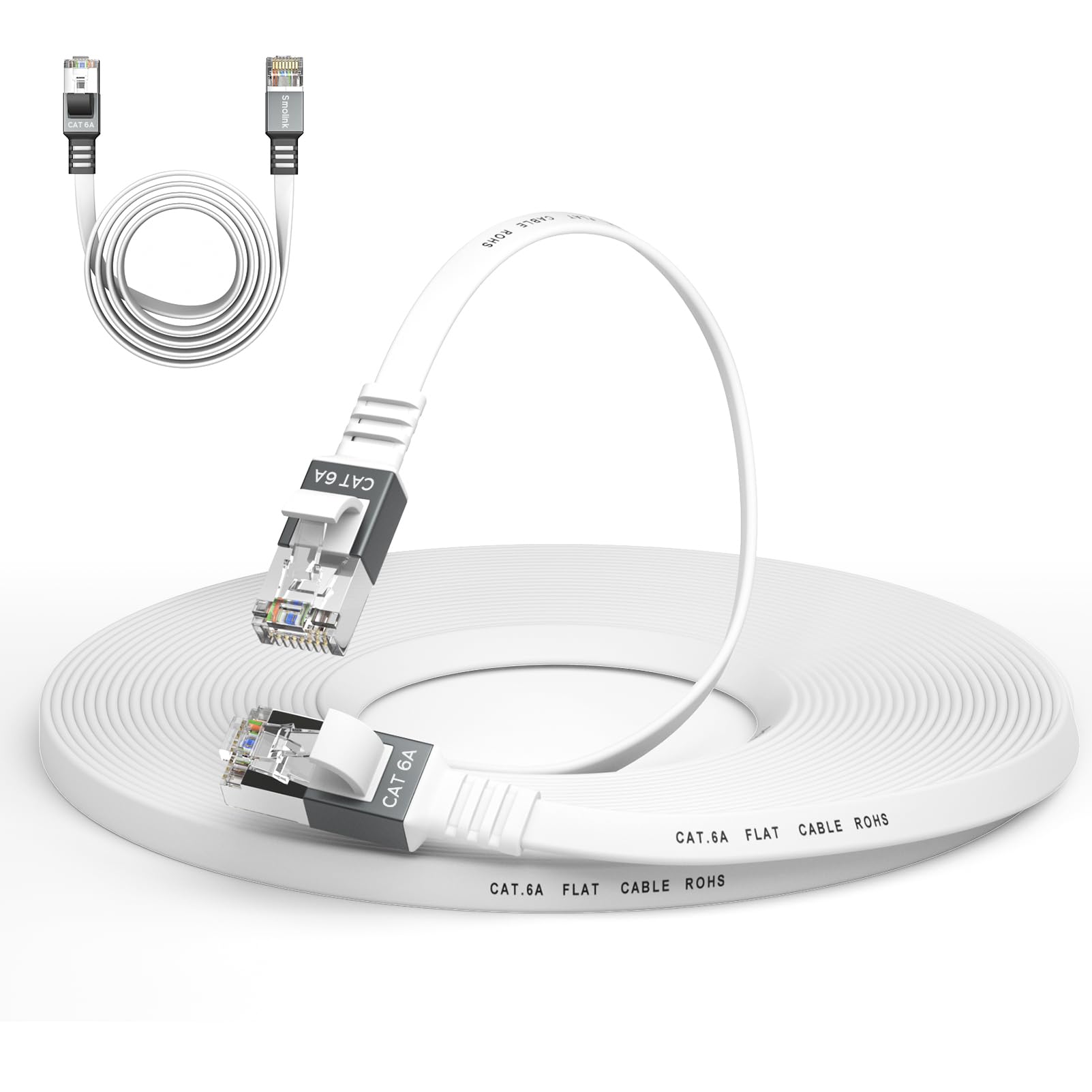 Cat 6A Ethernet Cable 50 Ft,Durable Flat Internet Network Lan Cable With 1.5Ft Short Patch Cord, Slim High Speed Gigabit Computer Wire With Rj45 Connectors, Faster Than Cat6/Cat5E/Cat5 Cable   White