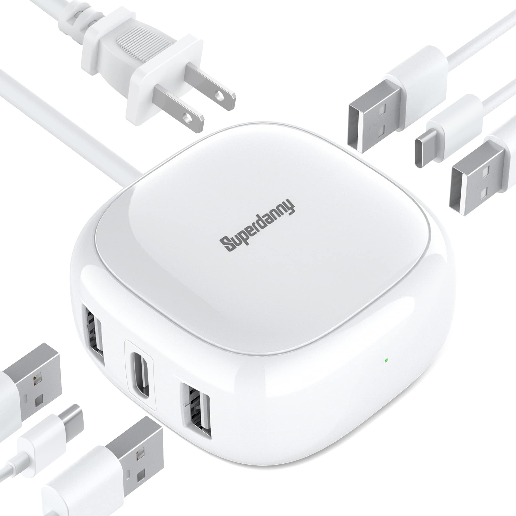 Superdanny 6 Port Usb Charger, 40W 8A Mini Usb Charging Station, Charging Station For Multiple Devices, 4Ft Cable, Compatible With Iphone, Ipad, Galaxy, Pixel, For Travel, Cruise, White