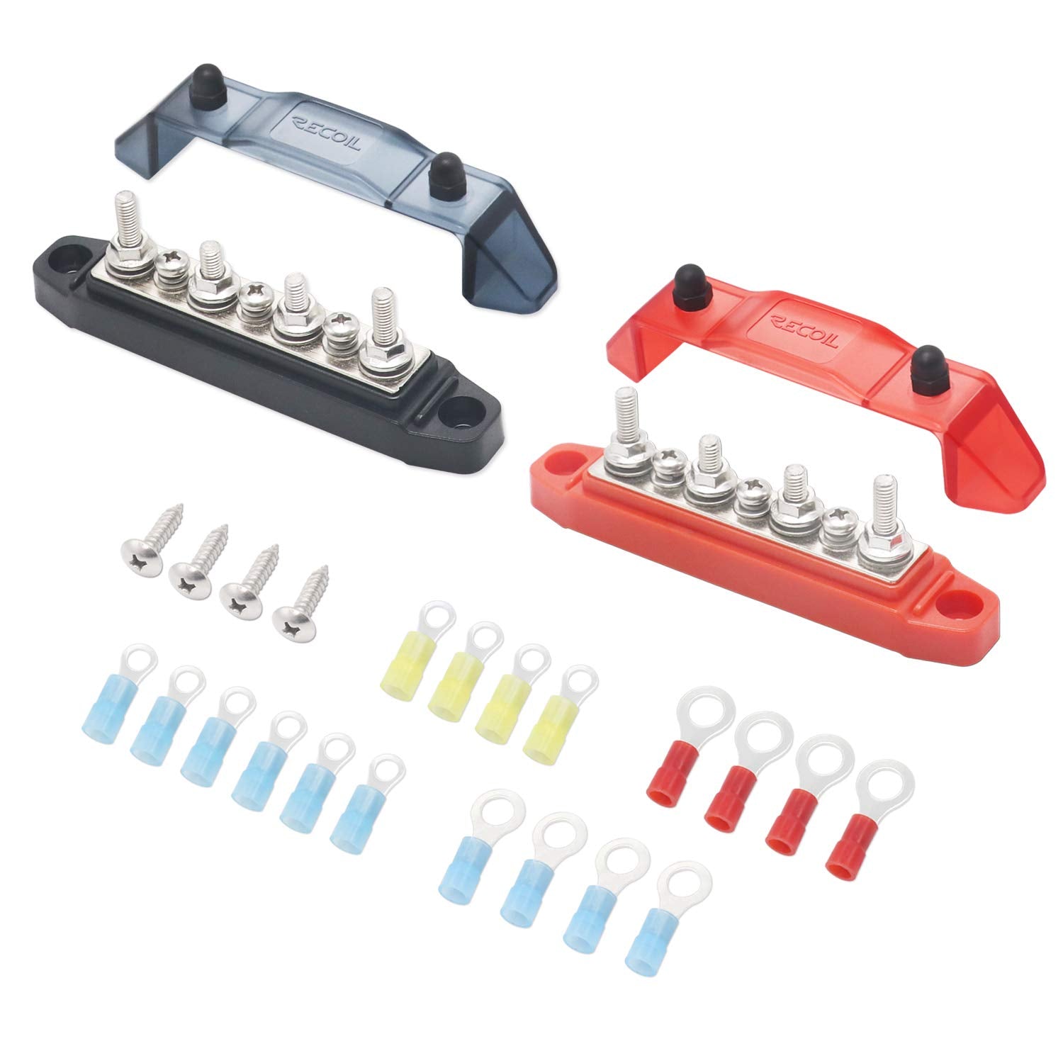 Recoil Bbs43 P Bus Bar 4 X M5 Studs 3 Screw Terminals Power Distribution Block Busbar With Ring Terminals (Red+Black)