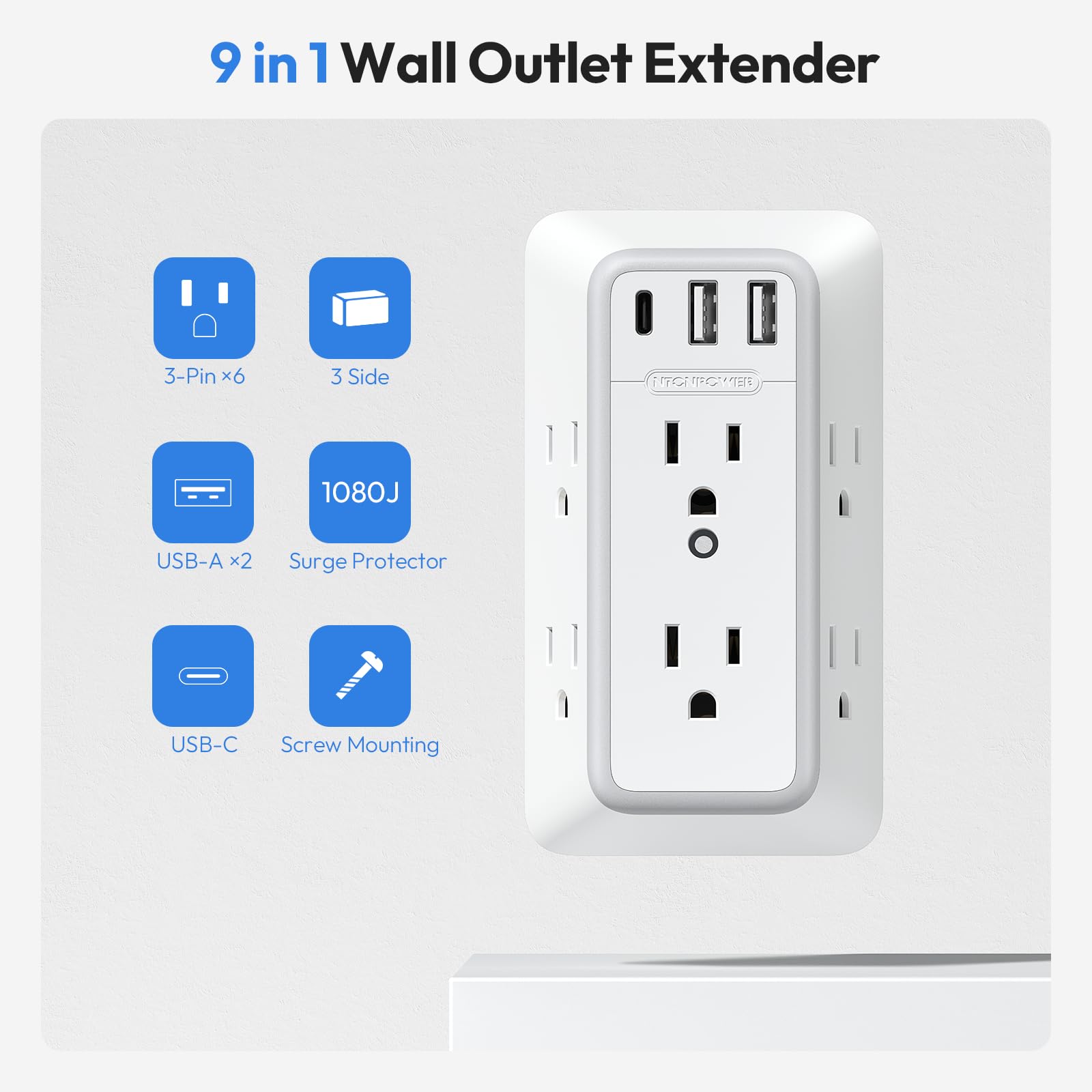 Ntonpower Wall Outlet Extender Surge Protector, 6 Outlet Extender With 3 Usb Wall Charger (1 Usb C), 3 Sided Outlet Splitter For